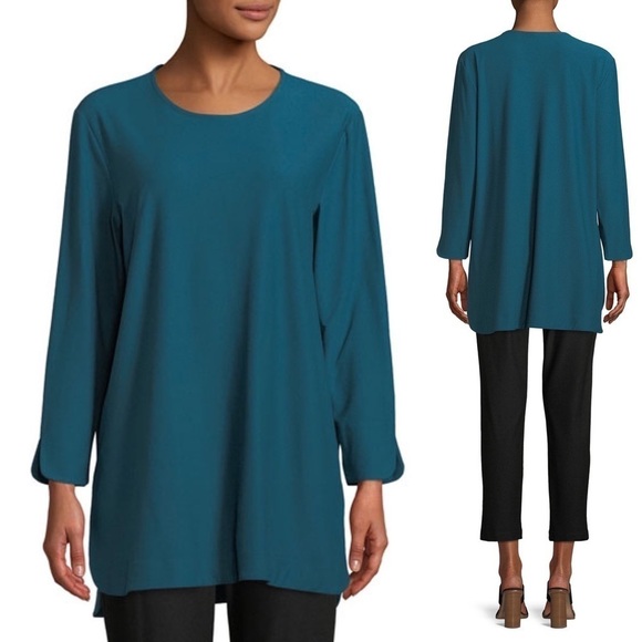 Eileen Fisher Black Lightweight Washable Stretch Crepe Bracelet-Sleeve Tunic - Picture 8 of 9